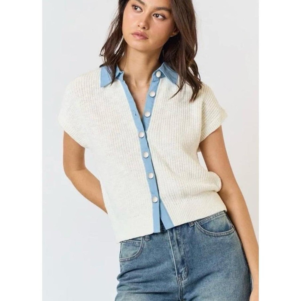 Lalavon White Knit Button-Up Collared Short Sleeve Top size large